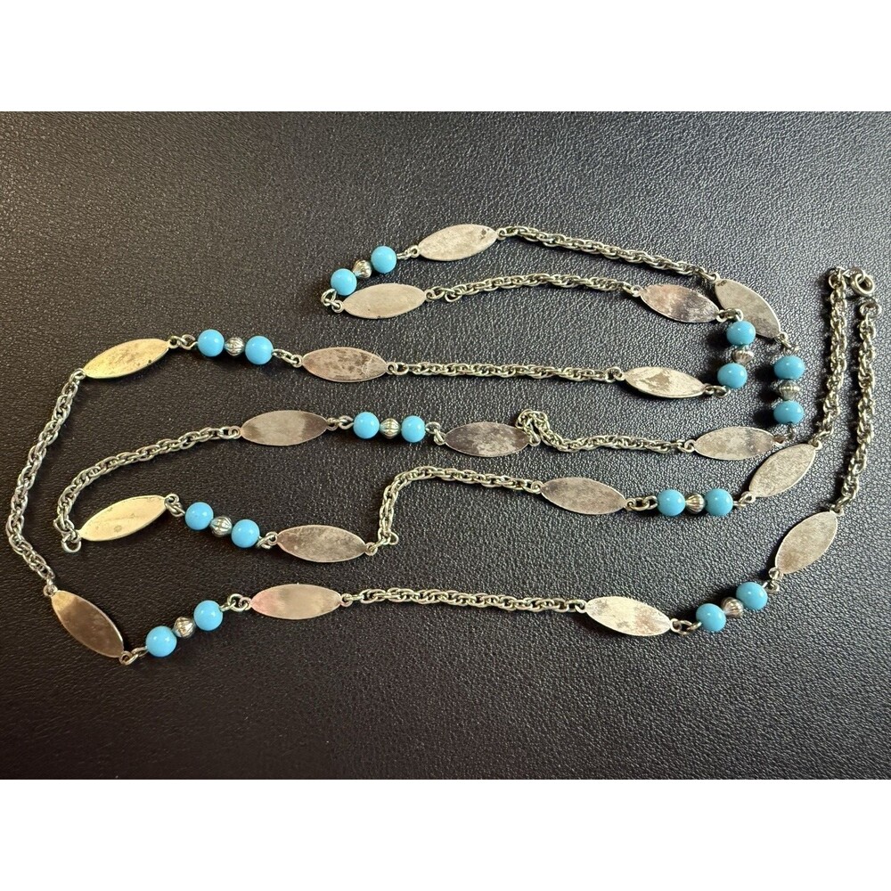 Vintage Blue Bead & Silver Tone Metal Beaded 22" Necklace *read
